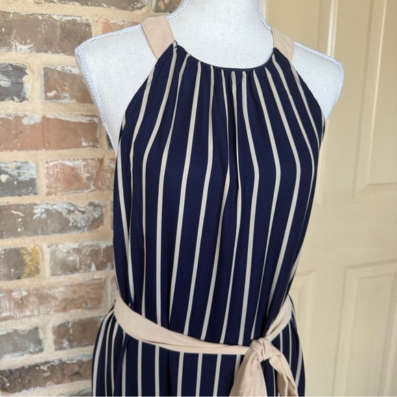 Ya Los Angeles Elegant Navy and Tan Striped Halter Dress Sz S - Picture 6 of 12
